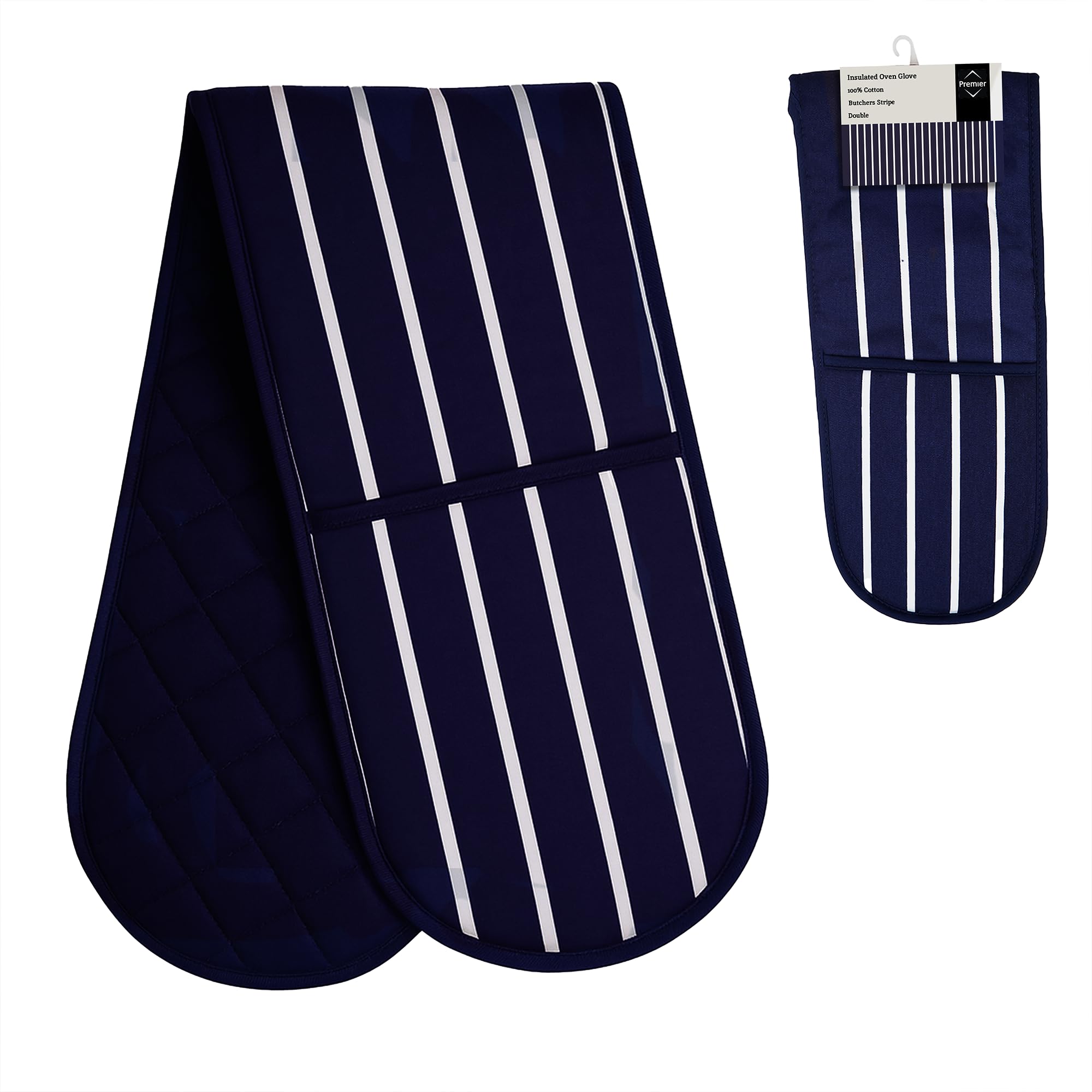 Premier Housewares 100% Cotton Gloves, Double Oven Mitts, Striped, Heat Resistant, H83X W18X D2, Blue