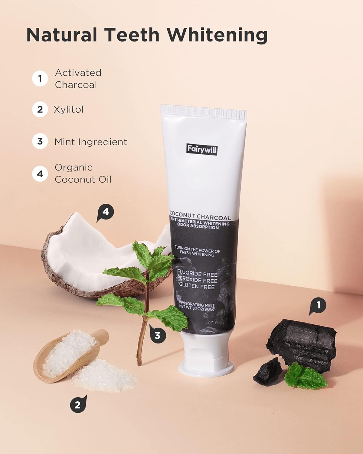 Fairywill Activated Charcoal Toothpaste Teeth Whitening, Coconut Charcoal Natural Toothpaste, Refreshing Mint Flavor - Fluoride Free and SLS Free Toothpaste 3.2 oz, 3 Pack : Beauty