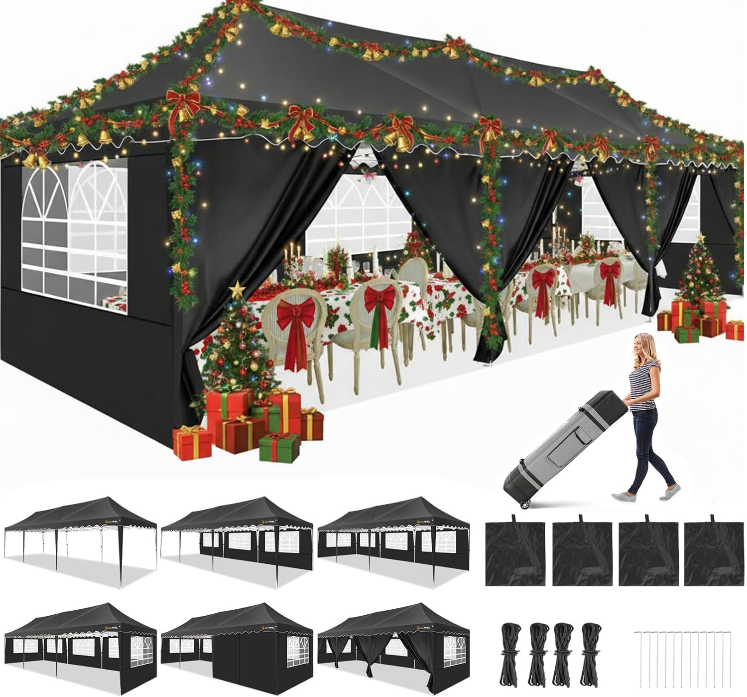 Photo 1 of ****VIEW NOTES****HOTEEL 10x30 Pop up Canopy Tent with 8 sidewalls Easy Up Commercial Outdoor Wedding Party Tents for Parties All Season Wind & Waterproof Gazebo Roller Bag, Black