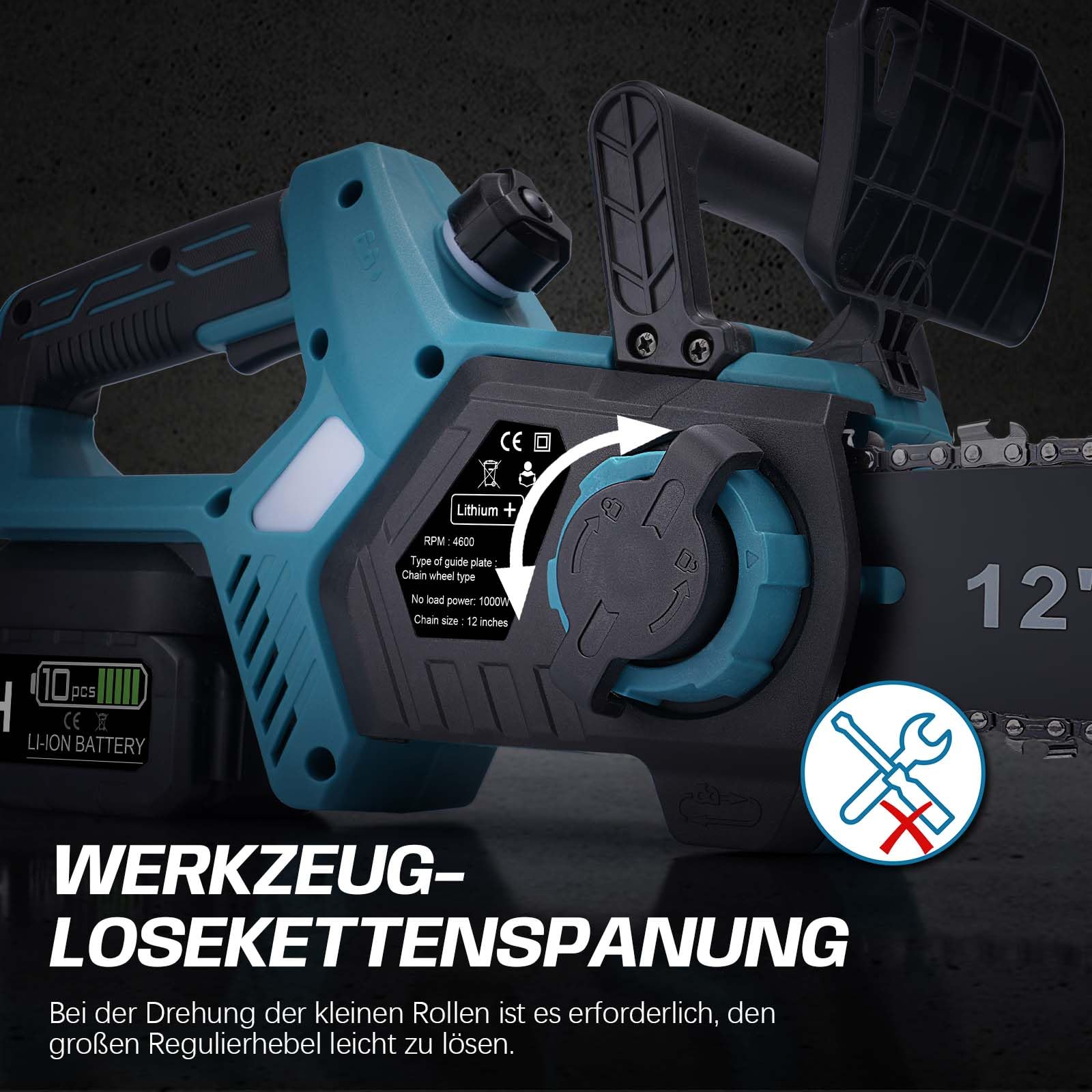 Akku Kettensäge 12 Zoll, Elektro Kettensäge kompatibel mit Makita 18V Akku | 1000W Bürstenloser Motor | Automatische Kettenschmierung | Werkzeuglose Kettenspannung | 30cm Schwertlänge (ohne Akku) 4