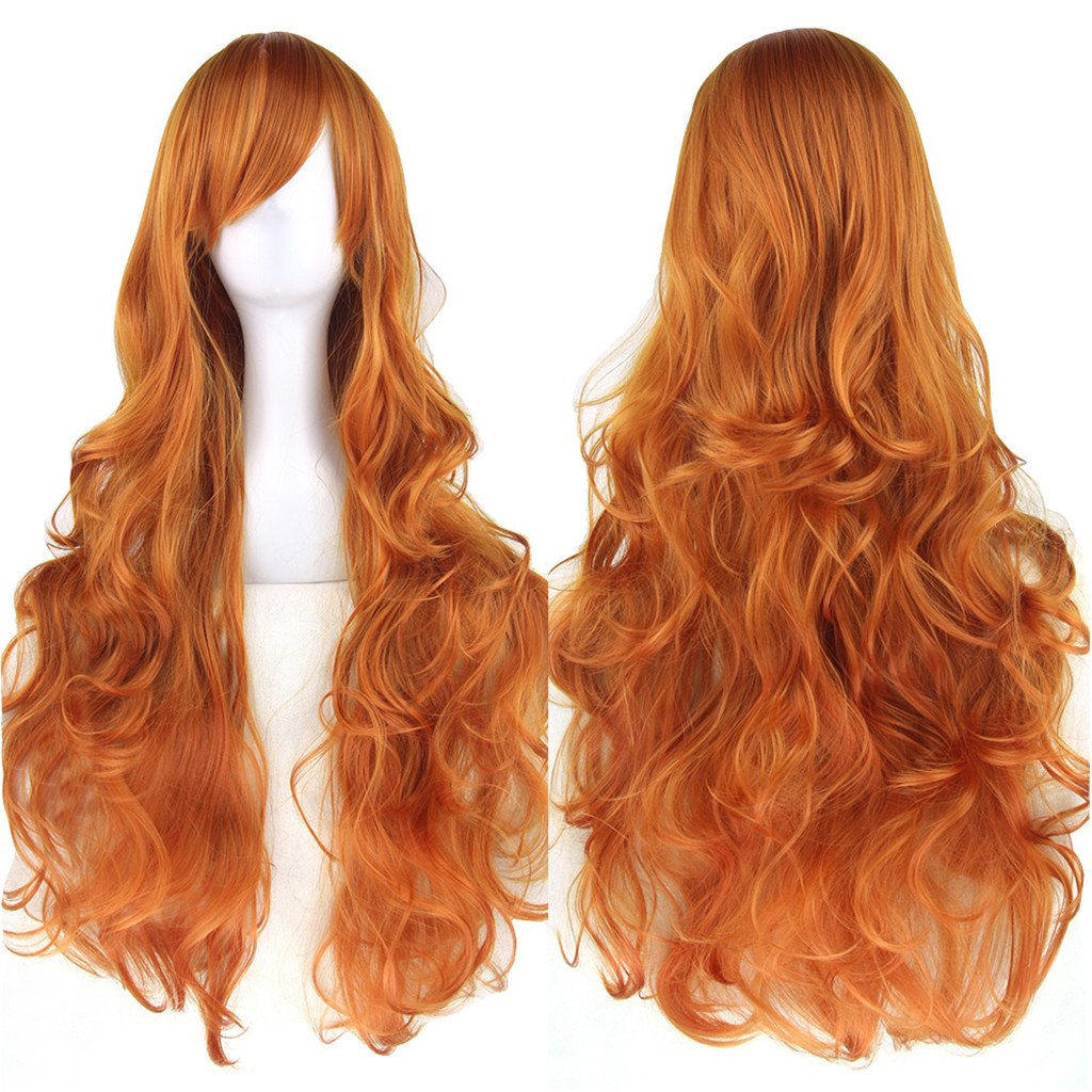 Fouriding 31" Orange Women's Long Curly Wave Cosplay Party Wigs Hairpieces Hair Cap Lolita Style Anime Wig