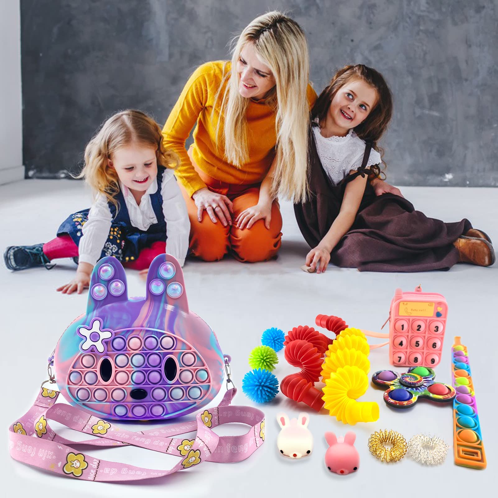 Exun Pop Crossbody Purse Bags Fidget Toy Pack, Bunny Shoulder Bag Mini Sensory Toys, 3 4 5 6 7 8 9 10 Year Old Birthday Party Gift for Girls Kids, Easter Valentine Christmas Stocking Stuffers
