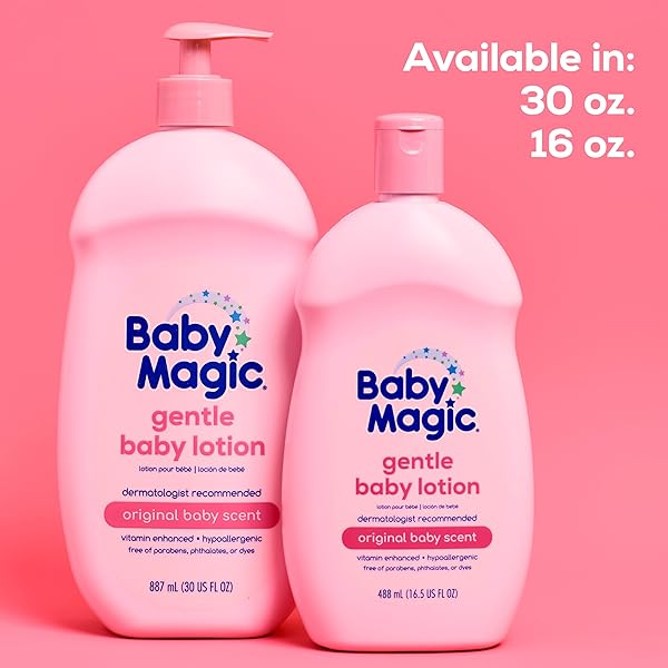 BABY MAGIC GENTLE BABY LOTION, VITAMINS & ALOE, FREE OF PARABENS, PHTHALATES, SULFATES AND DYES, CAMELLIA OIL & MARSHMALLOW ROOT ORIGINAL SCENT, 16.5 FL OZ