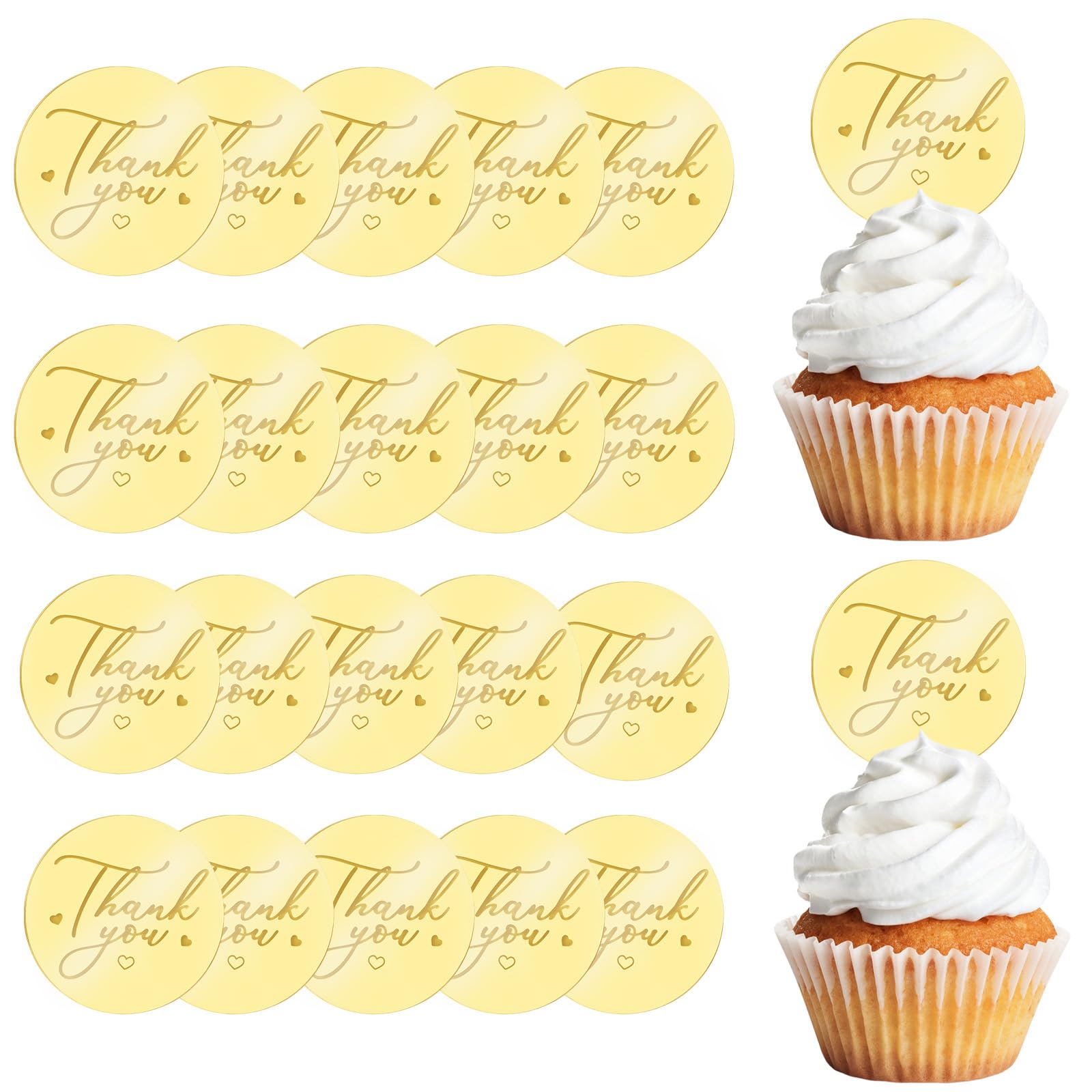URROMA 20pcs Round Thank You Cake Toppers, Mirrors Acrylic, Cake Discs & Acrylic Cake Picks (style8)