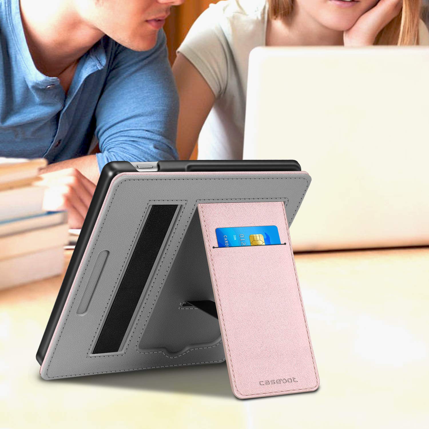 CaseBot Stand Case for Kindle Oasis (10th/9th Generation, 2019/2017 Release) - Premium PU Leather Sleeve Cover with Card Slot and Hand Strap, Rose Gold