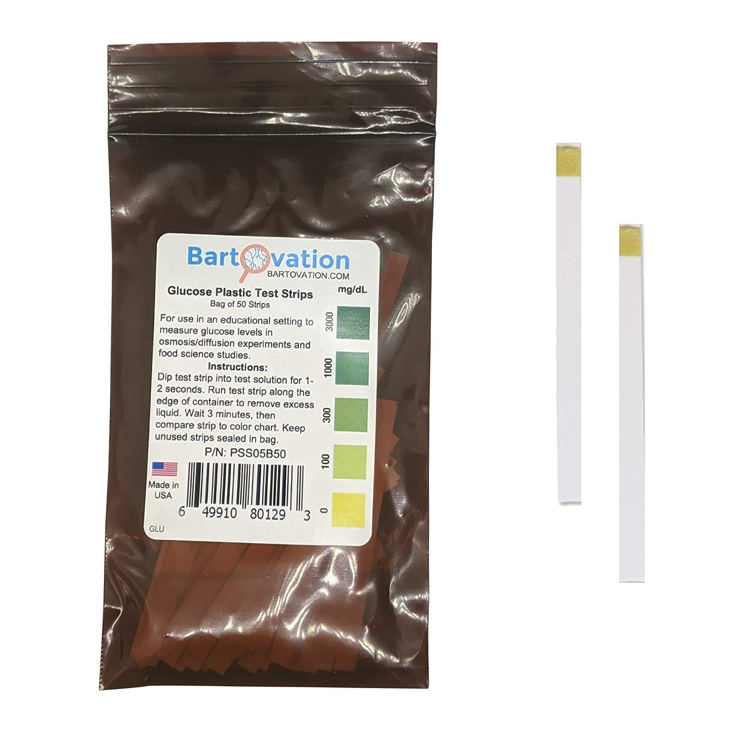 Scientific Glucose Test Strips for Food Science or Osmosis/Diffusion Experiments [Bag of 50 Plastic Strips]