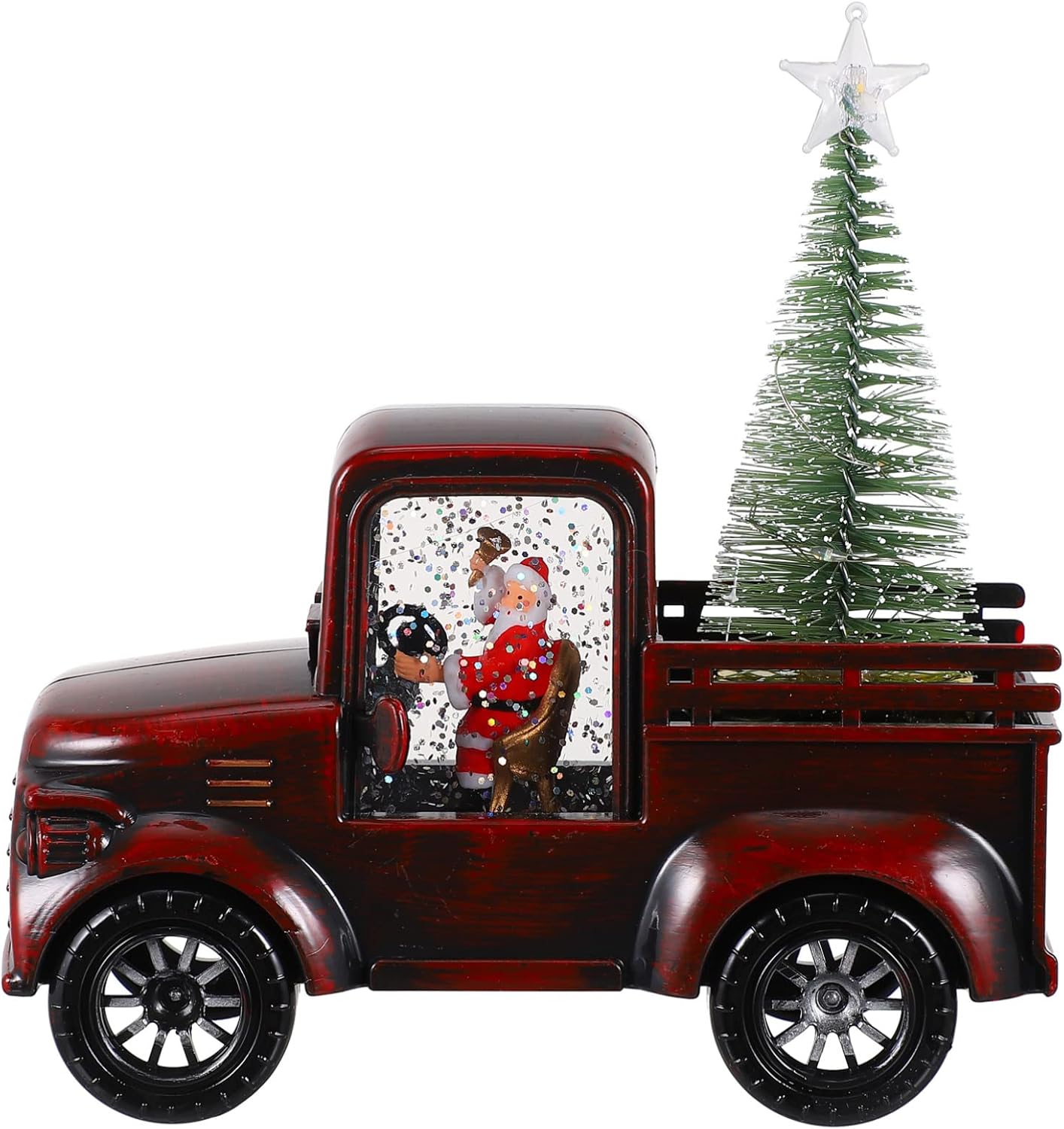 Snow Globes - NUOBESTY Mini Vintage Truck Decor Christmas Snow Globe Lantern Truck Vintage Christmas Truck with Glowing Mini Christmas Tree for Christmas Home Decor Tabletop Decoration (Claret)