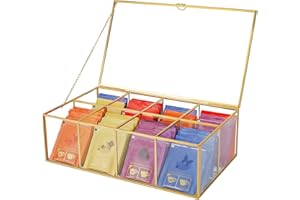 REDHUGO Glass Tea Bag Organizer with 8 Compartments, Handmade Large Tea Bag Storage Box for Counter Kitchen, Tea Bag Holder,Tea Storage Containers with Lid,Tea Accessories Gifts for Tea Drinkers,Gold