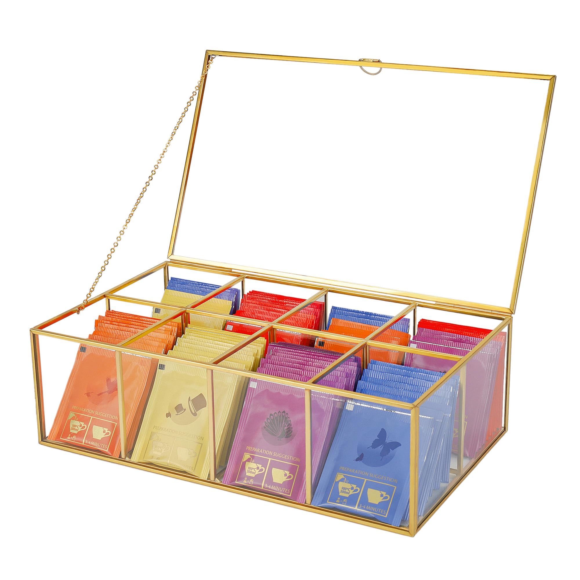 Photo 1 of REDHUGO Glass Tea Bag Organizer with 8 Compartments, Handmade Large Tea Bag Storage Box for Counter Kitchen, Tea Bag Holder,Tea Storage Containers with Lid,Tea Accessories Gifts for Tea Drinkers,Gold