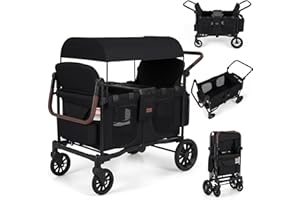 INFANS 4 Seater Wagon Stroller, All-Terrain Foldable Wagon for 4 Kids with Adjustable Push Pull Handles, 5-Point Harness, Det