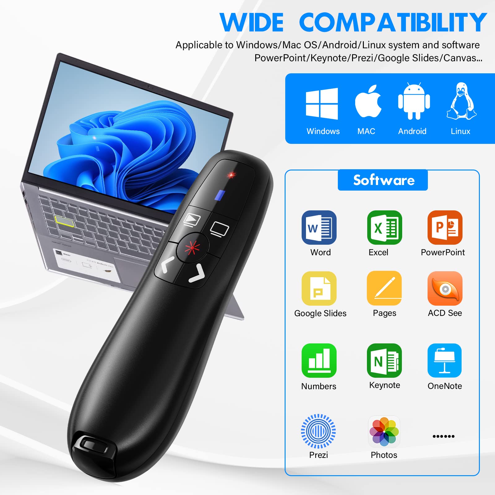 Presentation Clicker Wireless Presenter Remote Clicker for PowerPoint Presentation, Laser Pointer RF 2.4GHz USB PowerPoint Clicker Slide Advancer with Volume Control for Computer/Laptop/Mac
