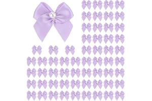 Meseey 60pcs Mini Pastel Purple Satin Ribbon Bows with Pearl 1 Inch Craft Bows Flowers Appliques DIY Craft for Sewing, Scrapbooking, Wedding, Gift,Christmas Decoration (Purple)