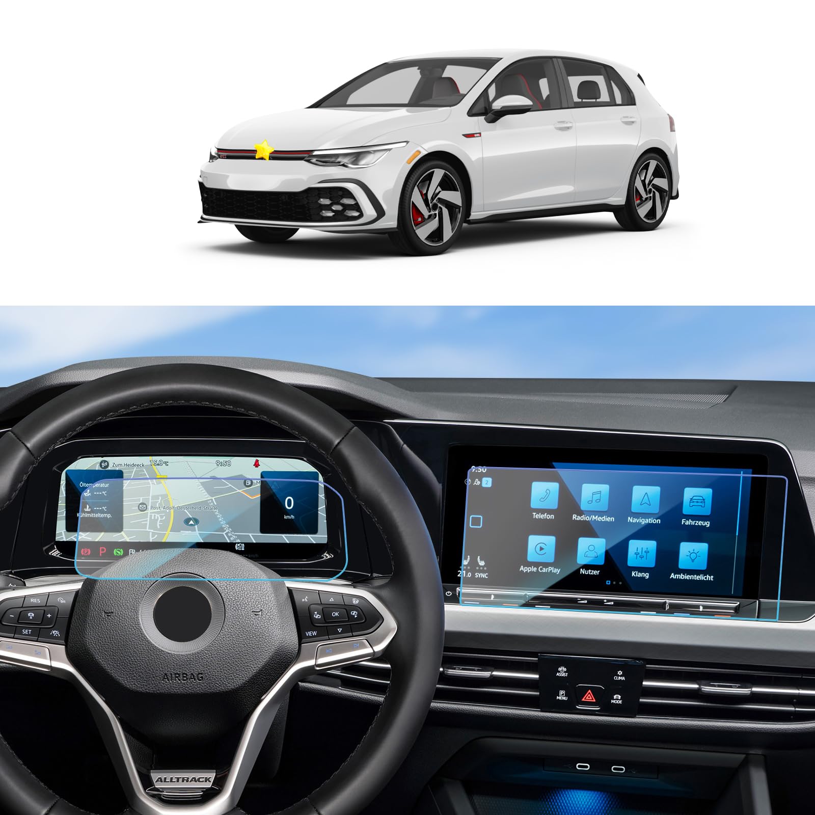 SKTU [Pack of 2] Screen Protector for V * W Golf Mk8 2020-2024 Navigation + Instrument Panel Screen Protector Tempered Glass 9H Hardness Scratch-Resistant (10 and 10.25 Inches)