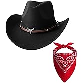 Jastore Kids Western Hats Boys Girls Cowboy Leather Buckle Felt Cowgirl Hat with Cowboy Red Bandanas