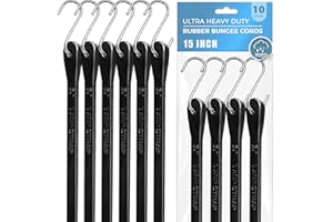 Bungee Cords with Hooks & Bungee Straps, 10-Pack 15" Heavy Duty EPDM Rubber Tarp Straps for Cargo, Canopy, Camping, Motorcycl
