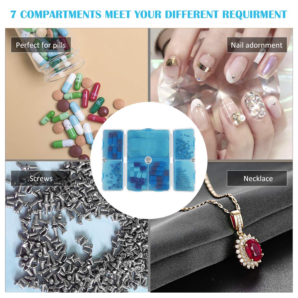 Pill Case,Portable Magnetic Foldable Pill Organizer with 7 Compartments Perfect for Pocket or Purse,Travel Pill Box for Pills/Vitamin/Fish Oil/Supplements (2 Pack) (Blue)