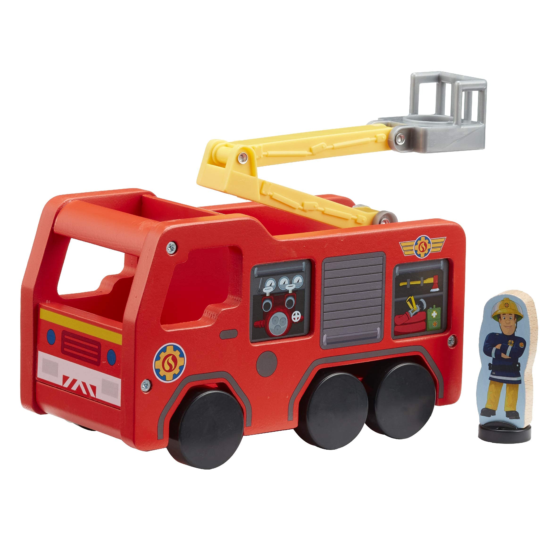 Fireman Sam Wooden Jupiter Free-Wheeling, Eco-friendly, FSC Wood Sustainable Pre-School Toy with Fireman Sam and Penny Two-Sided Figure, Red