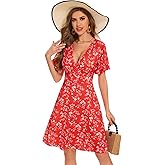 Red Summer Dresses for Women 2025 Vacation Casual V-Neck Floral Wrap Sundress Flutter Sleeve Knee Length Graduation Dress,Medium