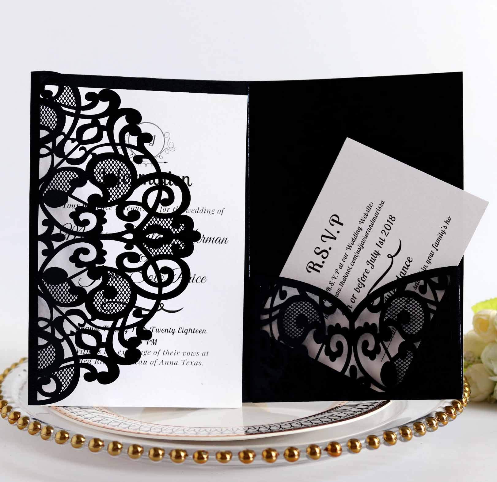 BLUGUL 10pcs Wedding Invitations, Hollow Floral Design Invites, with 2 Blank Card, Black