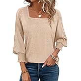 PGANDS Women's 3/4 Sleeve Tops Square Neck Spring Summer Casual Smocked Cuffs Shirts