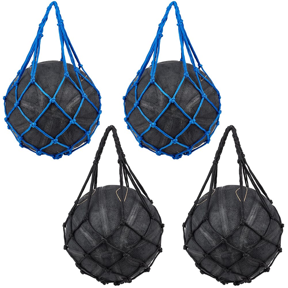 CREATCABIN 2Pcs Basketball Net Bags Football Mesh Bag Polyester Storage Sports Ball Holder Carry Bag Single Ball Carrier Equipment Bags Fit Ball No.3 4 5 for Hoop Volleyball Rugby Blue Black 55x22.5cm