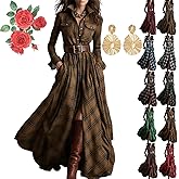 Western Dress for Women Plaid Maxi Shirt Dresses Vintage Long Sleeve V-Neck Button Down Belt Flowy Fall Long Dress