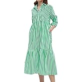 EZAPINE Womens Babydoll Striped Shirt Midi Dress Puff Long Sleeve Collared Button Tunic Flowy Swing Dresses