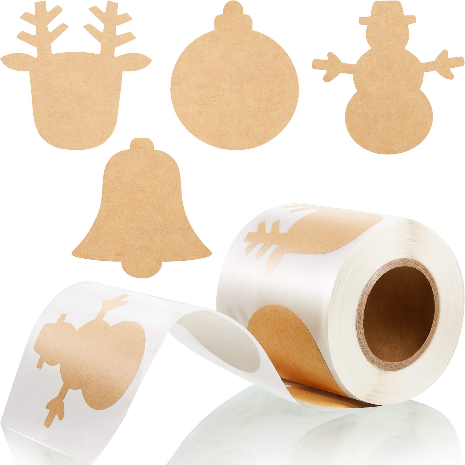Photo 1 of 300 Pieces Christmas Kraft Paper Stickers Brown Xmas Tags Labels Xmas Themed Name Tags for Present Boxes Decoration Sealing, 2.5 x 2.5 Inch, 4 Patterns Christmas Ball Snowman Bell Elk