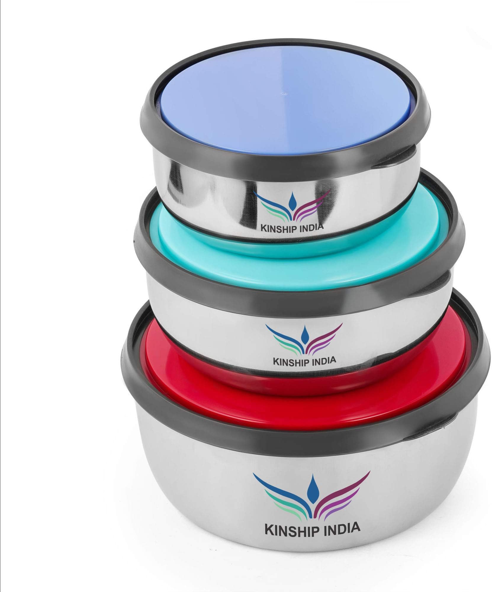 KINSHIP INDIA LID Stainless Steel Storage Bowl (Multicolour, 12/14/16 cm) - Set of 3