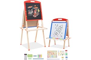ARKYOMI Kids Art Easel with Paper Roll Protable Double-Sided Easel with Whiteboard Chalkboard Standing Easel with Tarys Wooden Kids Easel Height Adjustable Easel for Kids Toodlers