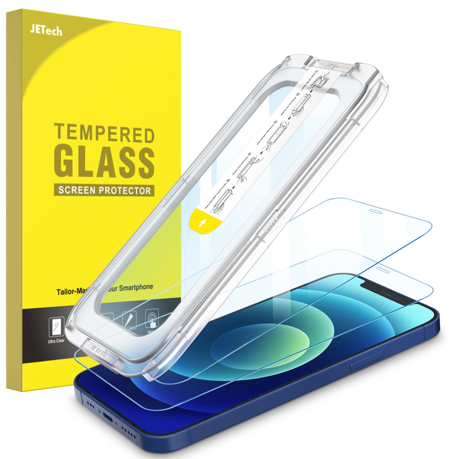 JETech One Touch Install Screen Protector for iPhone 12/12 Pro 6.1-Inch, Full Coverage Tempered Glass Film, Auto Alignment Tool Kit, HD Clear, 2-Pack — image 1