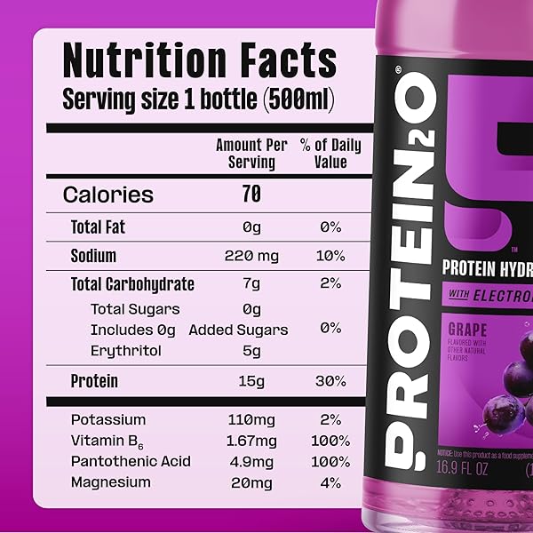 PROTEIN2O HYDRATION DRINK – 2-IN-1 LIQUID CLEAR WHEY PROTEIN ISOLATE AND ELECTROLYTE DRINK – 15G PROTEIN, VITAMINS B5, B6 – POST-WORKOUT RECOVERY – 16.9 FL OZ – 12 COUNT GRAPE