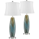360 Lighting Azure Modern Table Lamps 26.75" High Set of 2 Blue Brown Art Glass Brushed Nickel Metal Cream Fabric Drum Shade 