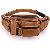 Genuine Leather Fanny Pack large capacity Crossbody Waist Bag with Zipper phone Pockets brown