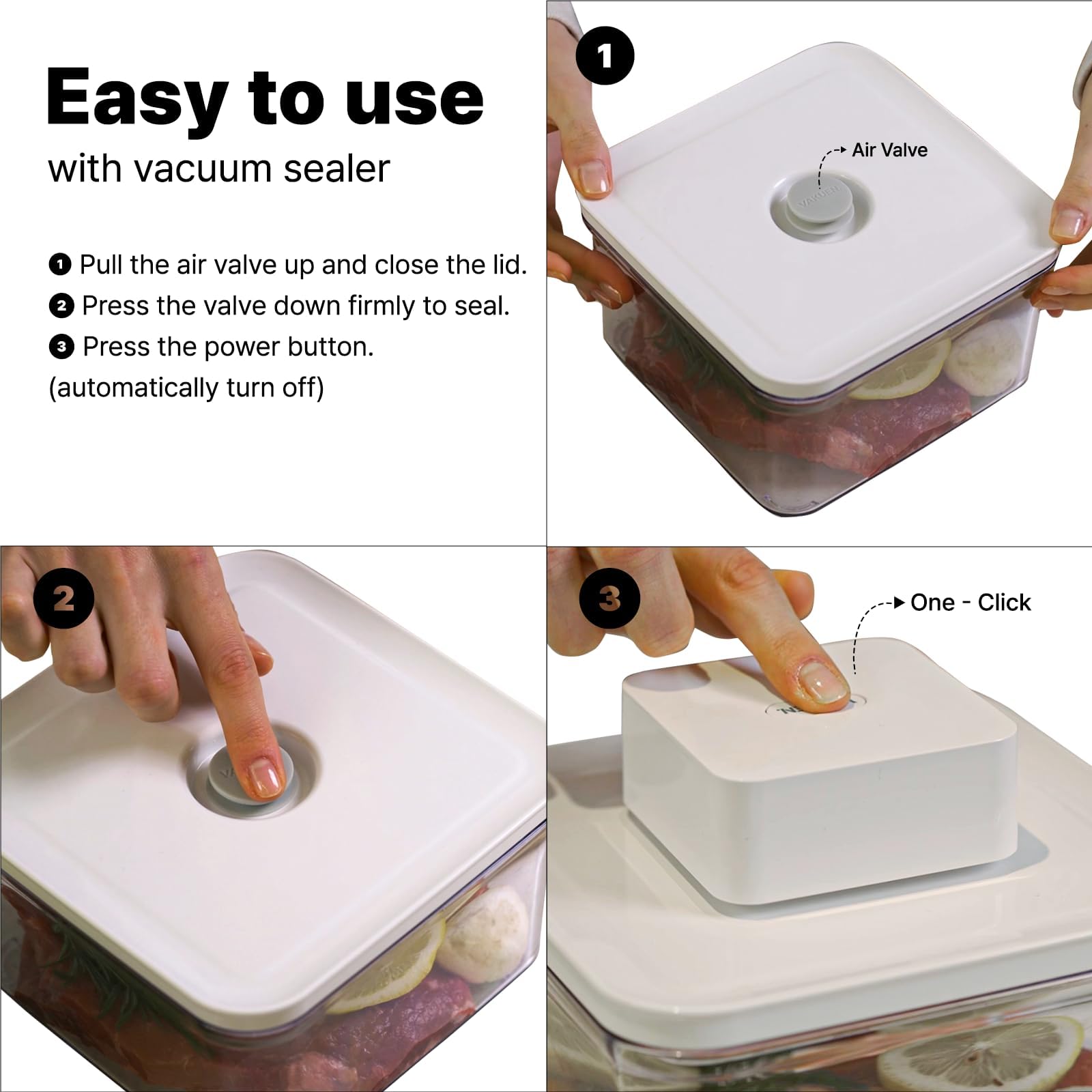 Vacuum Sealer for vakuen containers, Automatic vacuum sealing operation, Ideal for keeping food fresh from meat to veggies, Keep food fresh up to 5 times longer than non-vacuum storage