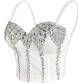 ELLACCI Women's Sexy Rhinestone Colorful Gem Acrylic Bustier Corset Top Bra White