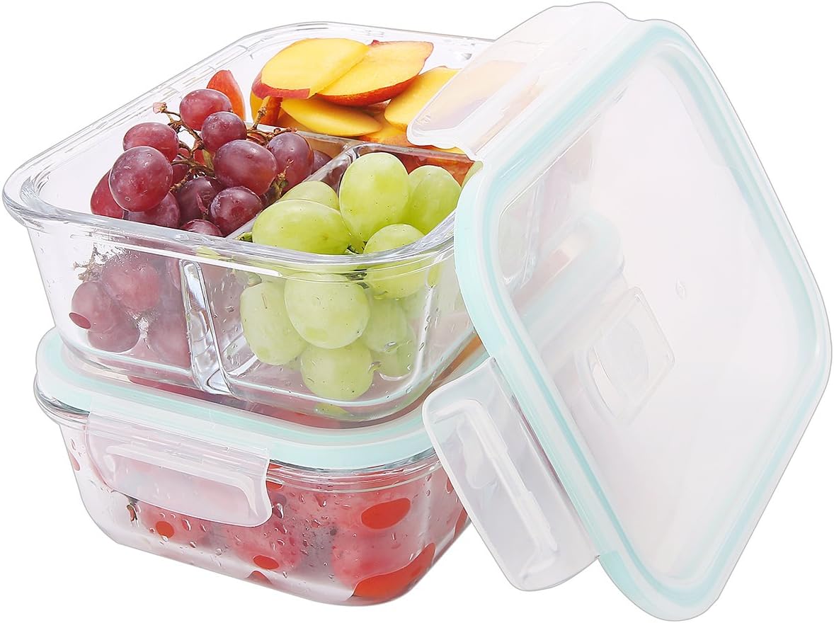 HoleCards 37oz Glass Meal Prep Food Storage Container 3 Compartment BPA Free Microwave Safe Reusable Leakproof Container Set with Lids (37oz, Set of 2)