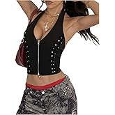Floerns Women's Lace Up Halter Neck Top Zipper Sleeveless Backless Slim Fit Crop Tops