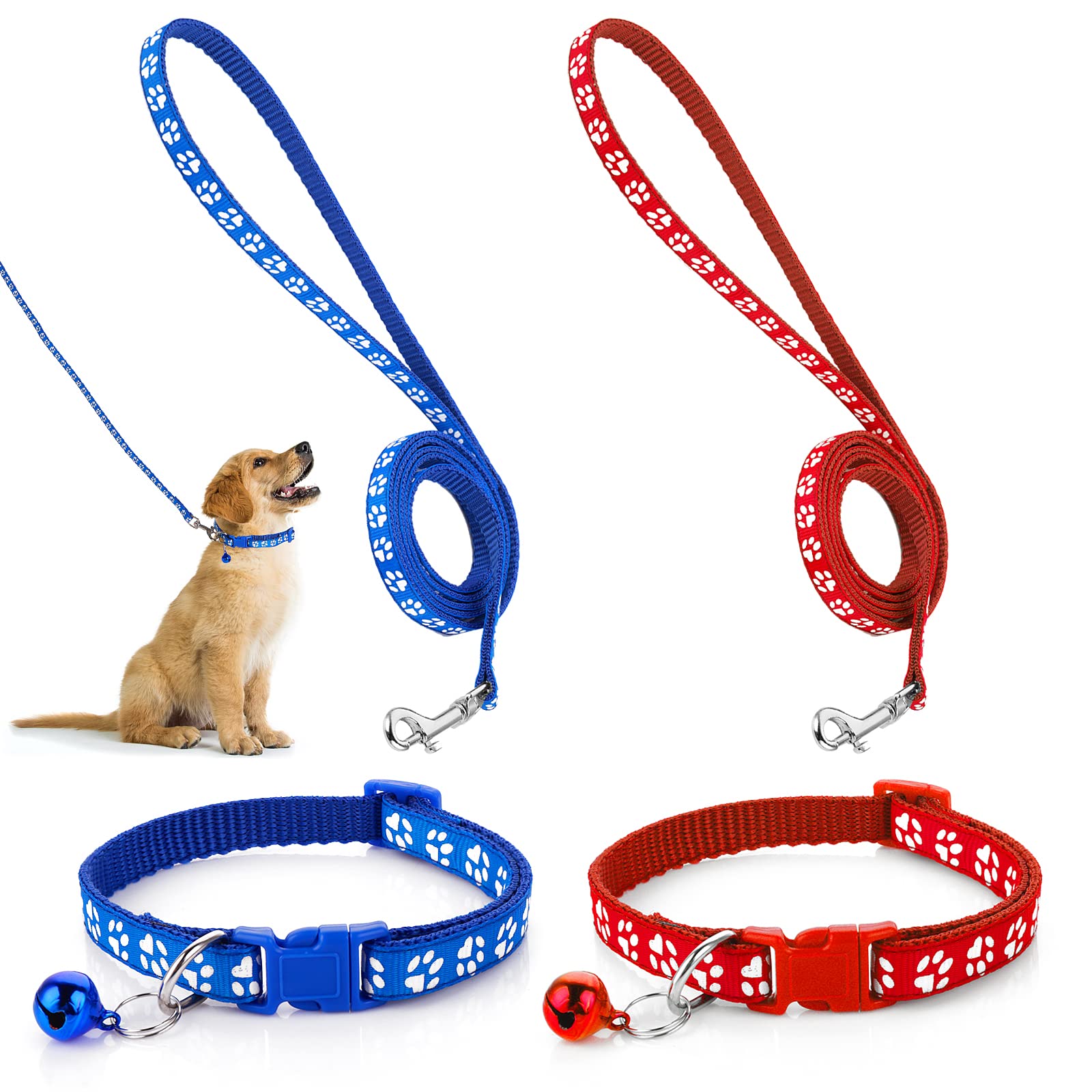 Molain 2Pcs Dog Cat Collar and Leash Set, Adjustable Pet Dog Cat Collar with Leash Quick Release Clip Buckle Collar for Small Dog Cat Puppies Kittens (Blue+Red)