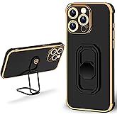 WINTONG for iPhone 15 Pro Max Case with Metal Stand, Phone Case with Double Ring Holder Finger Kickstand [Foldable & Adjustable], Women Girls Bling Luxury Protective Cover - Black