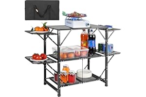 VEVOR Camping Kitchen Table, Aluminum Folding Portable Outdoor Cook Station with 4 Iron Side, 2 Shelves & Carrying Bag, Quick Installation for Picnic BBQ Beach Traveling