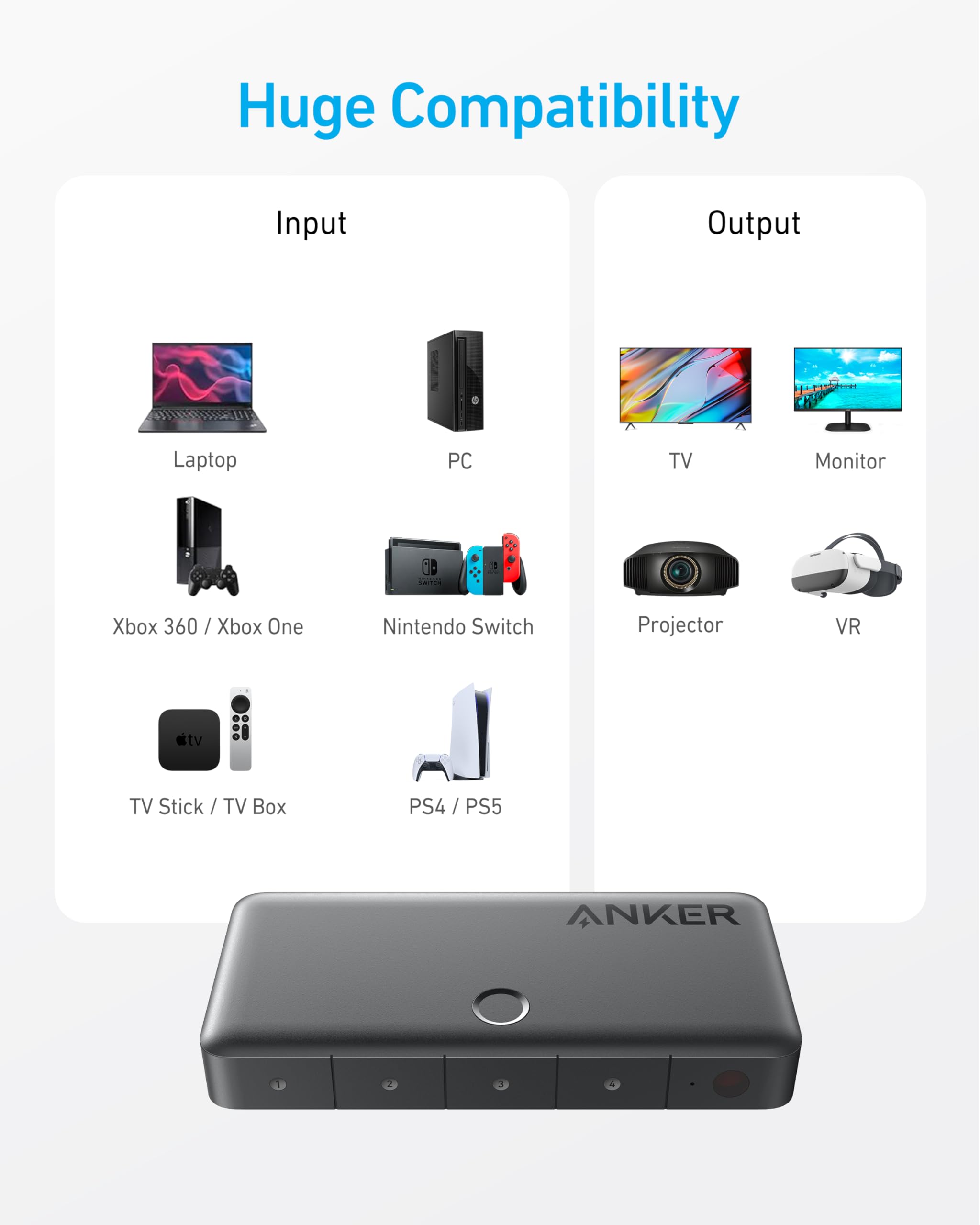 Anker HDMI Switch, 4K@60Hz HDMI Switcher, 4 in 1 Out with Smooth Finish, Supports HDR, 3D, Dolby, DTS, Compatible with Laptops, PC, Xbox, Projector (Charger and Remote Control Batteries Not Included)