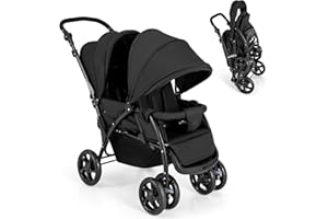 GLACER Foldable Twin Stroller, Double Baby Stroller w/Multi-Level Backrest, Canopy, Handle & Footrest, Safety Belt & Brake System, Travel Tandem Seating Stroller w/Lockable Wheels (Black)