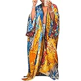 Famnbro Women's Floral Print Satin Robe Kimono Cardigan Open Front Long Cover Ups Outerwear One Size