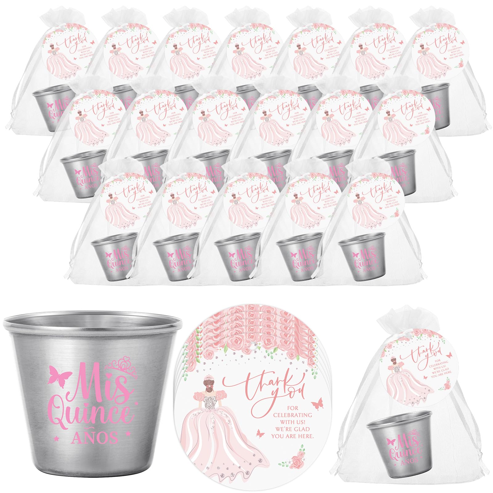 Photo 1 of Tioncy 50 Sets Quinceanera Party Favors for Guests Short Glass Stainless Steel Shot Glass Thank You Card Organza Bag Mis Quince Anos Recuerdos Sweet 15 Birthday Party Favor