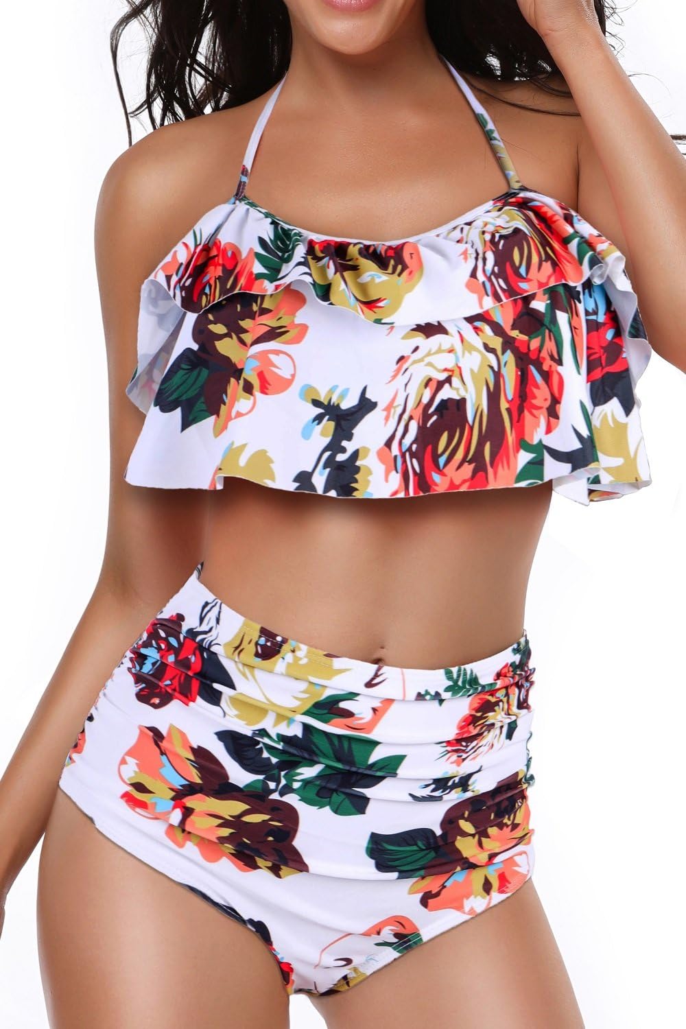 Heat MoveWomen Retro Flounce High Waisted Bikini Halter Neck Two Piece Swimsuit