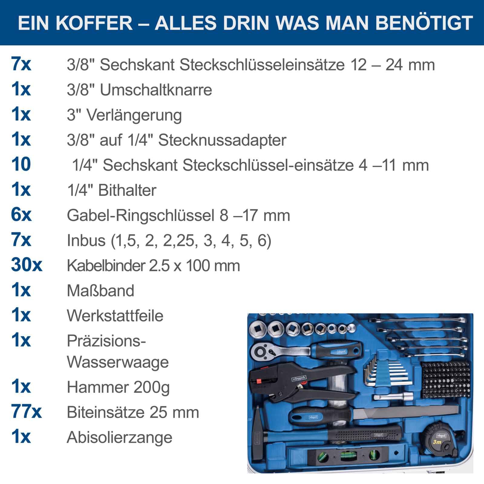 Scheppach TB173 Werkzeugkoffer gefüllt 173-tlg Werkzeug Set | Werkstattkoffer bestückt mit Abisolierzange, Schraubenschlüssel, Hammer, Schraubenzieher, Säge, Werkzeugkiste für Werkstatt und Haushalt 6