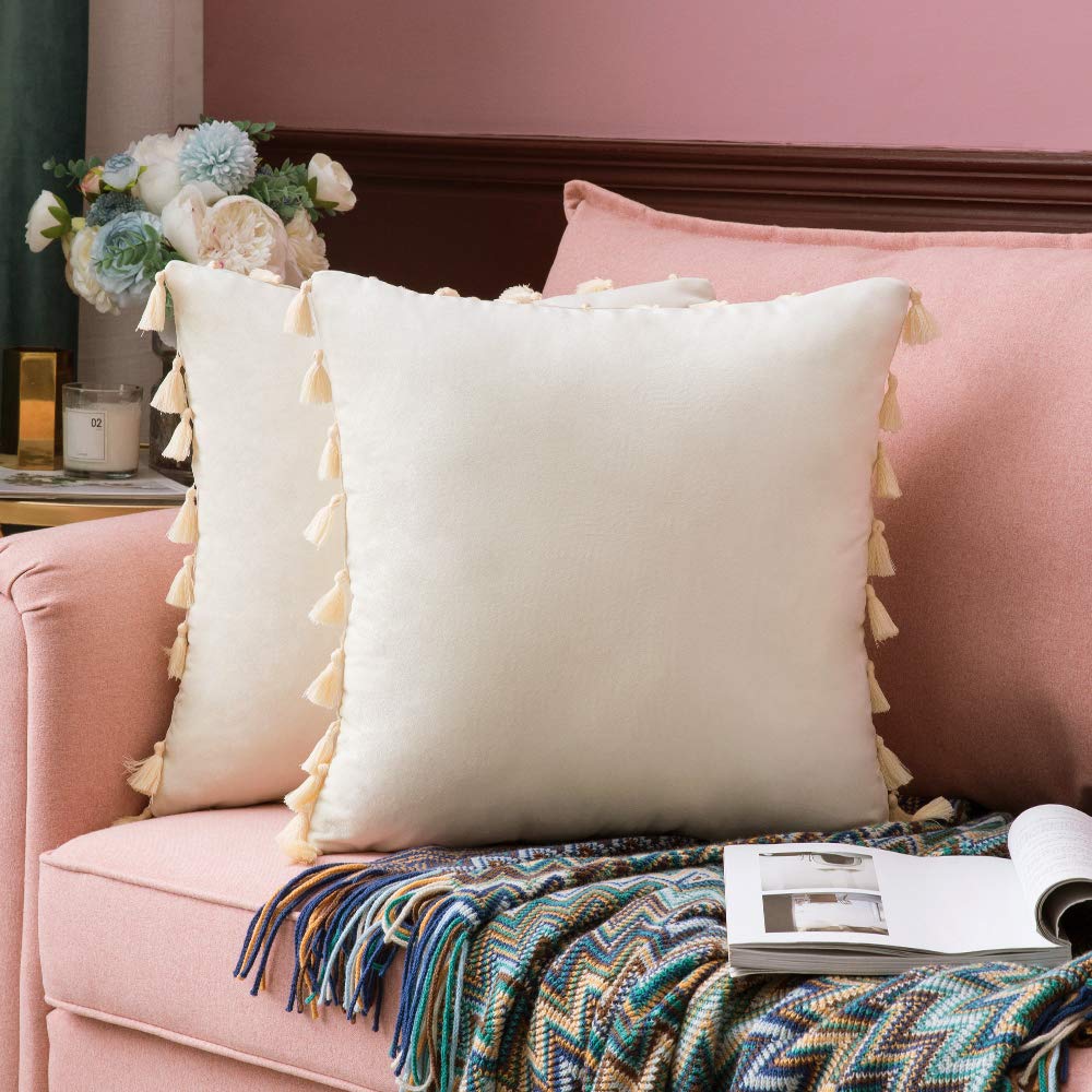 Miulee Velvet Tasseled Cushion Covers Bohemian Indian Embroidered Decorative Square Throw Pillow Case Pillowcases For Couch Livingroom Sofa Bed With Invisible Zipper 18x18 Inch 45x45cm 2pieces Milky Buy Online In Bermuda