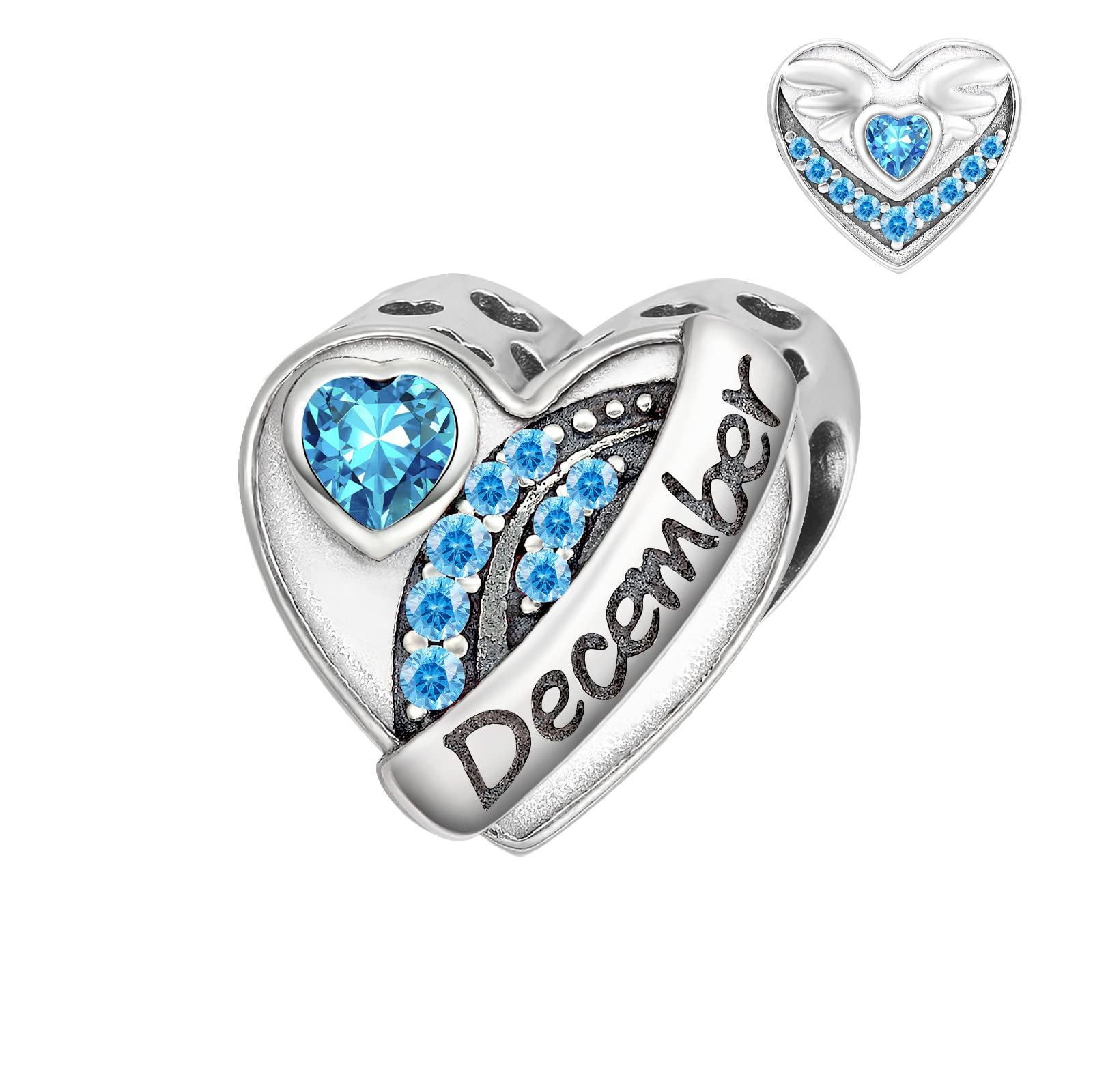 Qings December Birthstone Charms for Bracelet Sterling Silver 925 Love Heart Tanzanite Birth Stone Angle Wing CZ Bead Charm Fit for Bracelets Necklace Christmas Jewellery Gifts for Women Girls