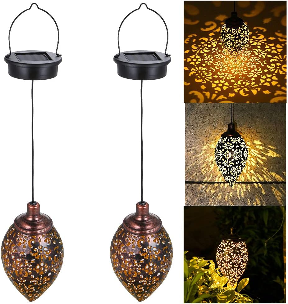 Tomshine Solar Lantern Outdoor Hanging Light Garden Decor Olive Carved Metal